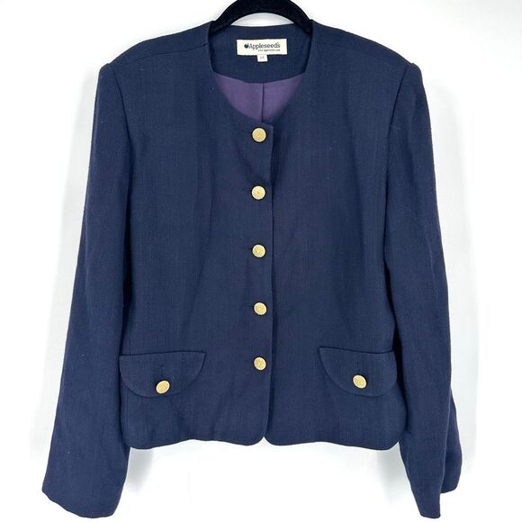 Appleseed’s Vintage Navy Blue Knit Rayon Jacket / Large 90s Gold Buttons Office - Picture 1 of 10